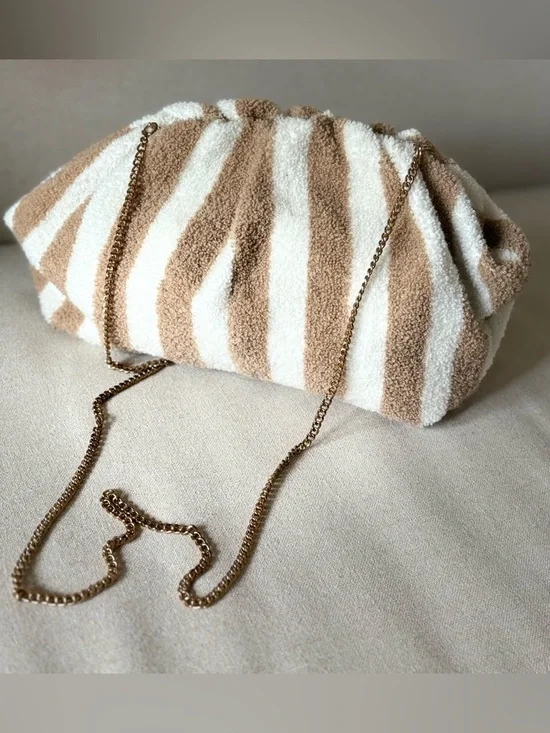 Anthropologie White & Tan Striped Plush Terry Bag with Gold Chain - Picture 2 of 4